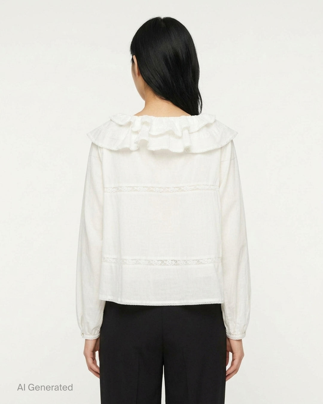 Glowny Mallow Lace Blouse in white with oversized double-tiered ruffle collar, lace trim inserts at the bodice and waist, and billowy long sleeves with elasticated cuffs - back