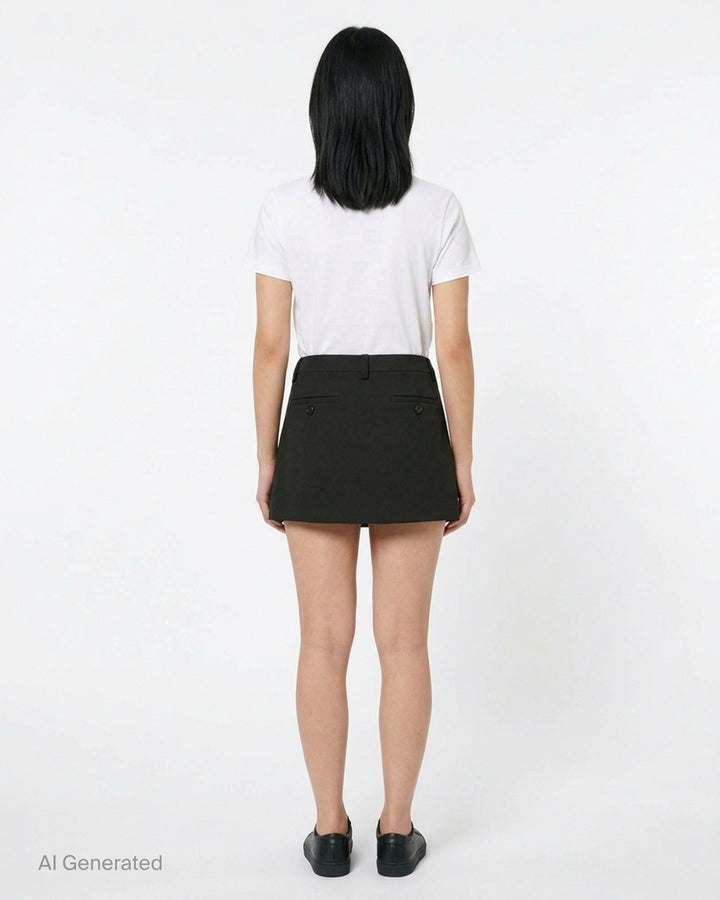 Glowny Polly Wrap Skorts in black, featuring a wrap-front A-line mini silhouette with structured waistband, belt loops, and button fastening - back