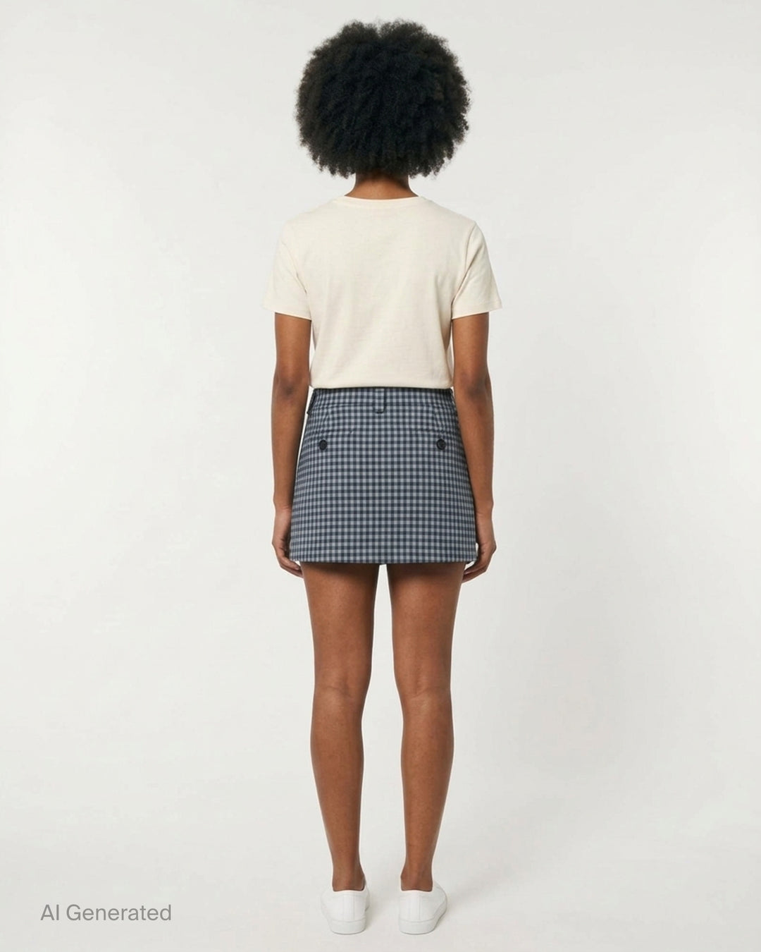 Glowny Polly Wrap Skorts in navy and white gingham check, showing structured waistband with button fastening and welt back pocket, laid flat on white background - back