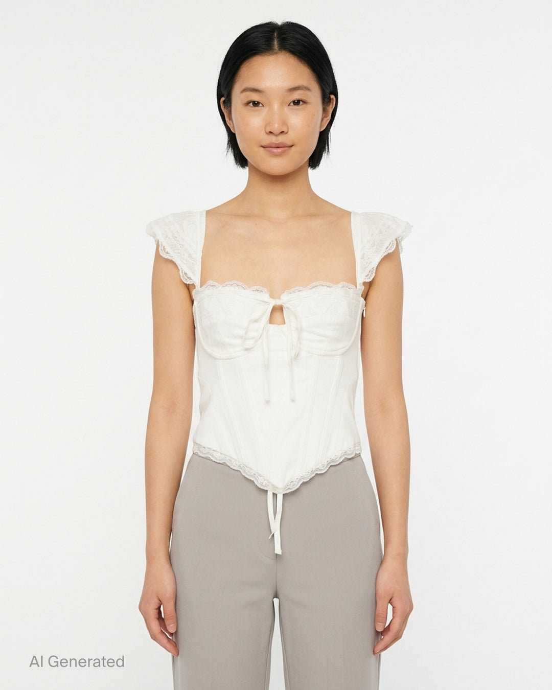 Glowny Powder Corset Top in deep plum with black lace ruffled cap sleeves, lace bust panel, satin ribbon bow tie, boning panels and scalloped lace hem, displayed on a white background - front