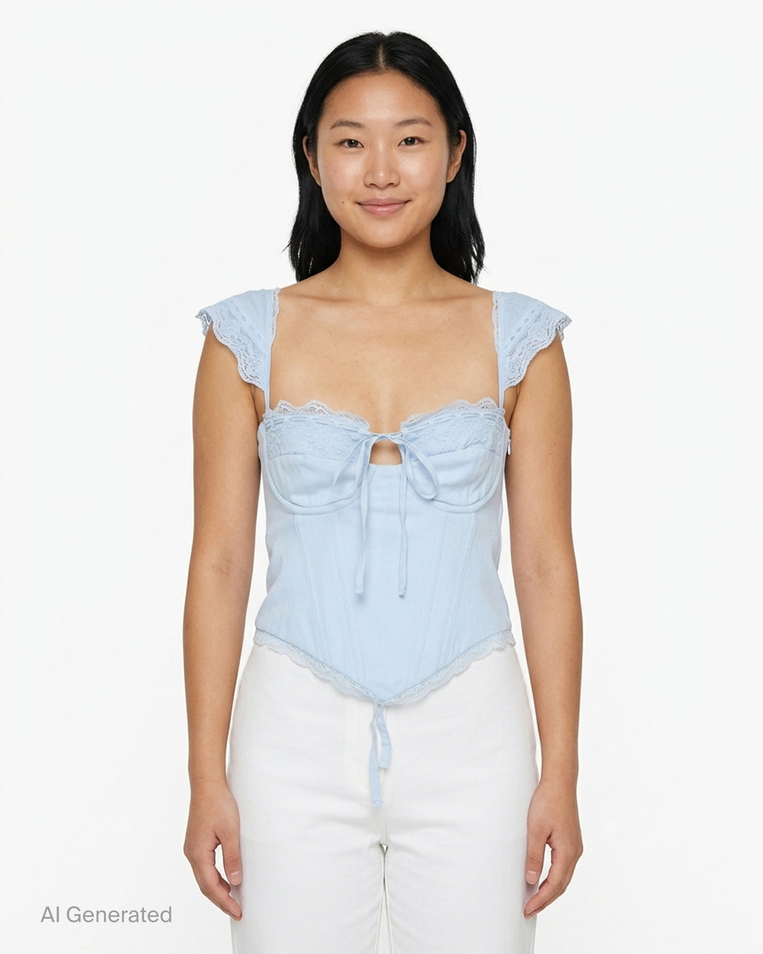 Glowny Powder Corset Top in deep plum with black lace ruffled cap sleeves, lace bust panel, satin ribbon bow tie, boning panels and scalloped lace hem, displayed on a white background - front