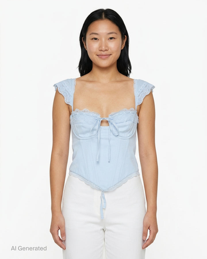 Glowny Powder Corset Top in deep plum with black lace ruffled cap sleeves, lace bust panel, satin ribbon bow tie, boning panels and scalloped lace hem, displayed on a white background - front