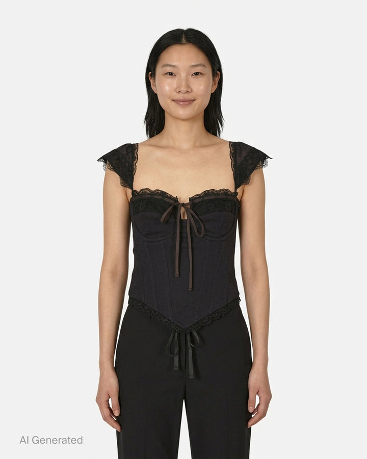 Glowny Powder Corset Top in deep plum with black lace ruffled cap sleeves, lace bust panel, satin ribbon bow tie, boning panels and scalloped lace hem, displayed on a white background - front