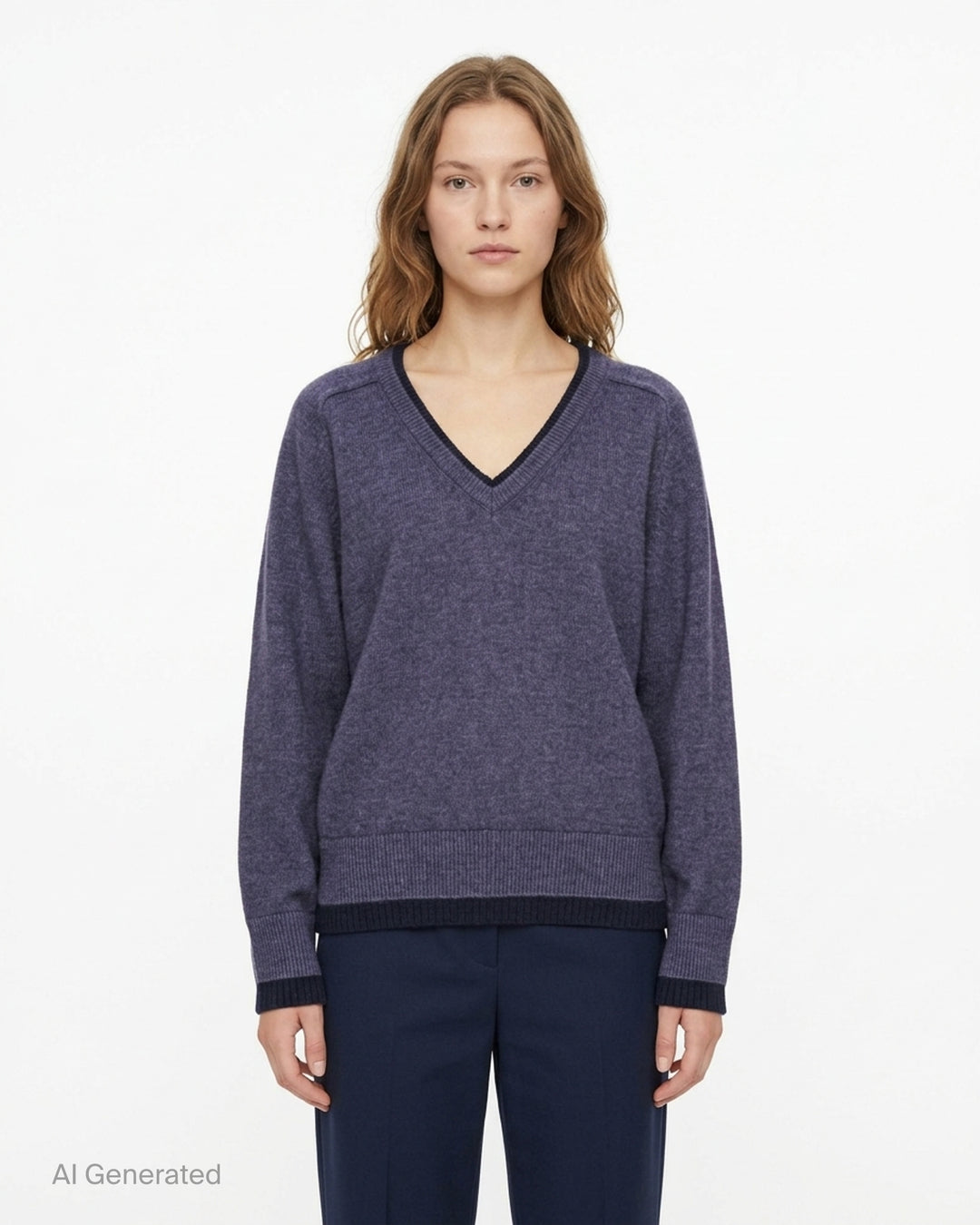 Glowny Raccoon Hazy Layered V-Neck Sweater in heather grey with blush pink contrast trim at the neckline, hem, and cuffs, displayed on a white background - front