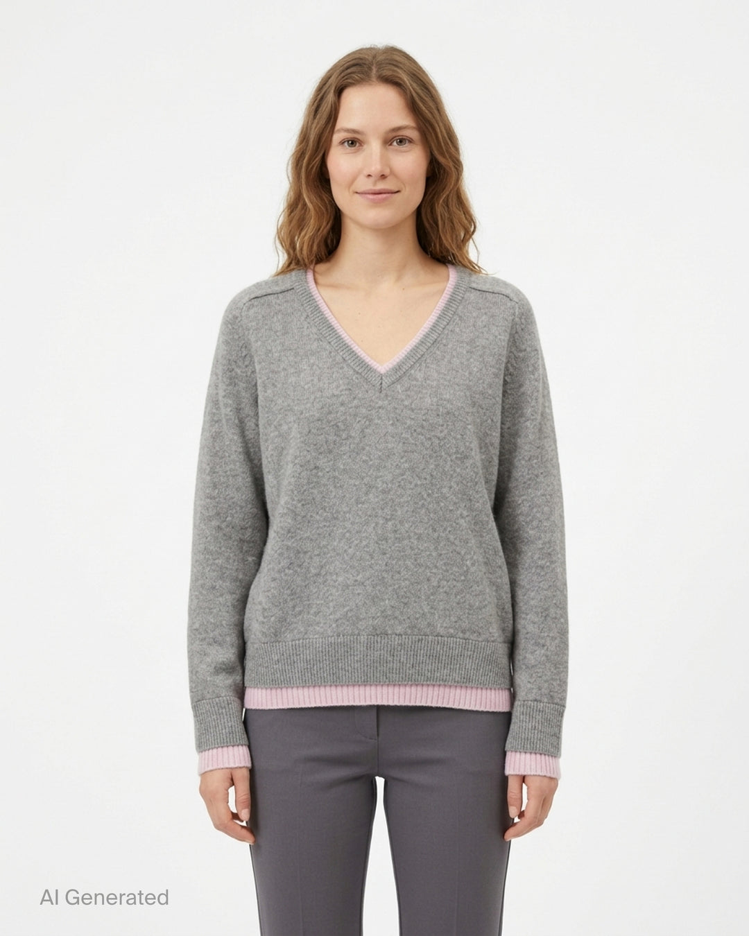 Glowny Raccoon Hazy Layered V-Neck Sweater in heather grey with blush pink contrast trim at the neckline, hem, and cuffs, displayed on a white background - front