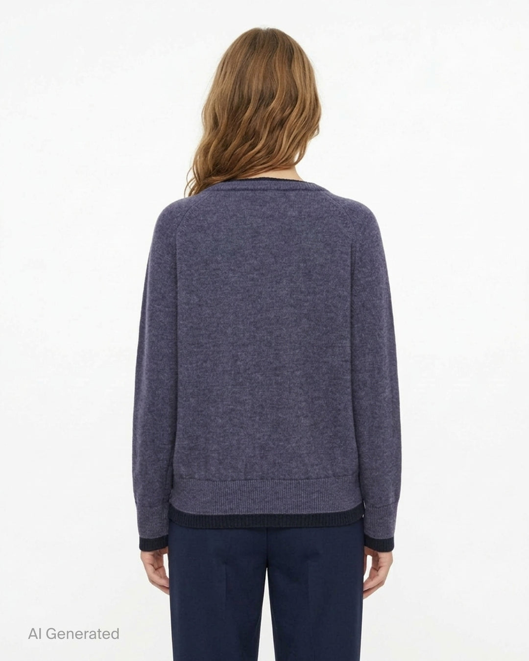 Glowny Raccoon Hazy Layered V-Neck Sweater in heather grey with blush pink contrast trim at the neckline, hem, and cuffs, displayed on a white background - back