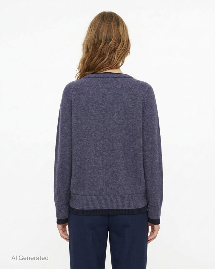 Glowny Raccoon Hazy Layered V-Neck Sweater in heather grey with blush pink contrast trim at the neckline, hem, and cuffs, displayed on a white background - back