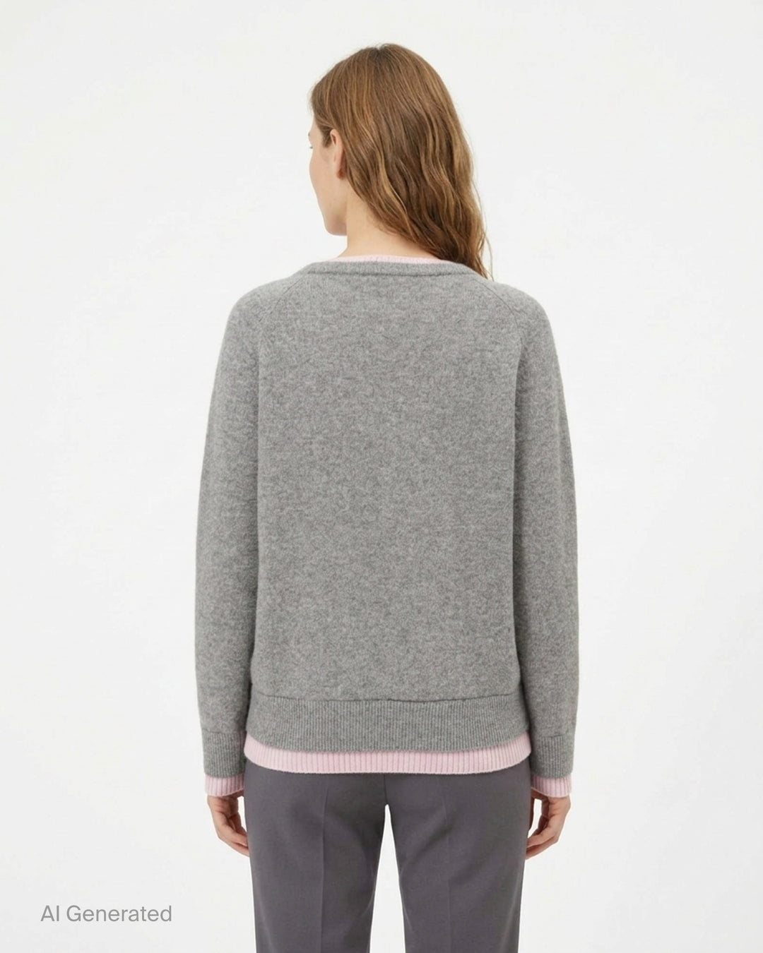 Glowny Raccoon Hazy Layered V-Neck Sweater in heather grey with blush pink contrast trim at the neckline, hem, and cuffs, displayed on a white background - back