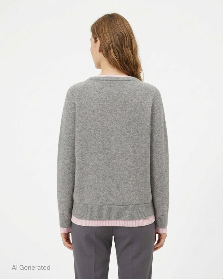 Glowny Raccoon Hazy Layered V-Neck Sweater in heather grey with blush pink contrast trim at the neckline, hem, and cuffs, displayed on a white background - back