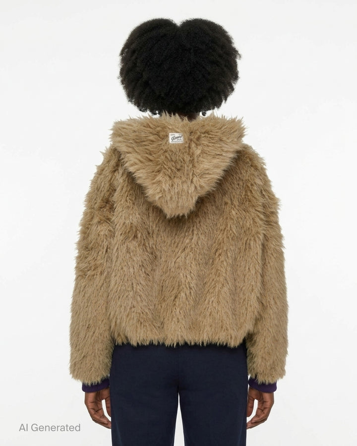 Glowny Flurry Reversible Fur Jacket in camel shaggy faux fur with navy contrast zip placket, toggle buckle closures, hood, and ribbed cuffs - back