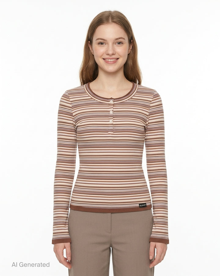 Glowny Roan Layered Long Sleeve Tee in multicolour horizontal stripe ribbed knit with button placket, flared cuffs, and contrast brown trim at neckline and hem - front