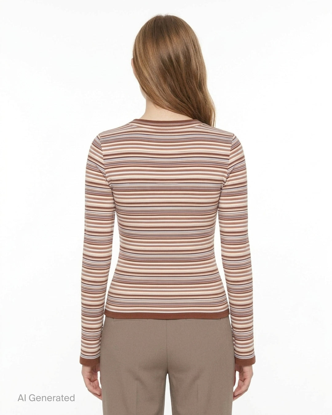 Glowny Roan Layered Long Sleeve Tee in multicolour horizontal stripe ribbed knit with button placket, flared cuffs, and contrast brown trim at neckline and hem - back