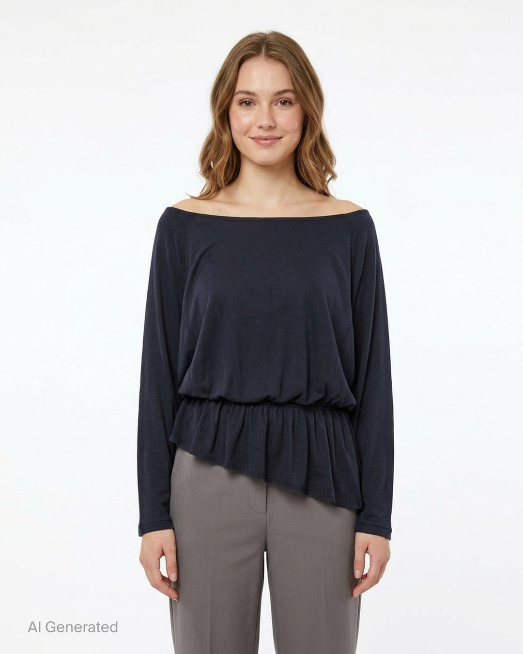 Glowny Sway Shirring Long Sleeve Blouse in heather grey, featuring a relaxed batwing silhouette, broad boat neckline, and an elasticated shirred frill hem - front