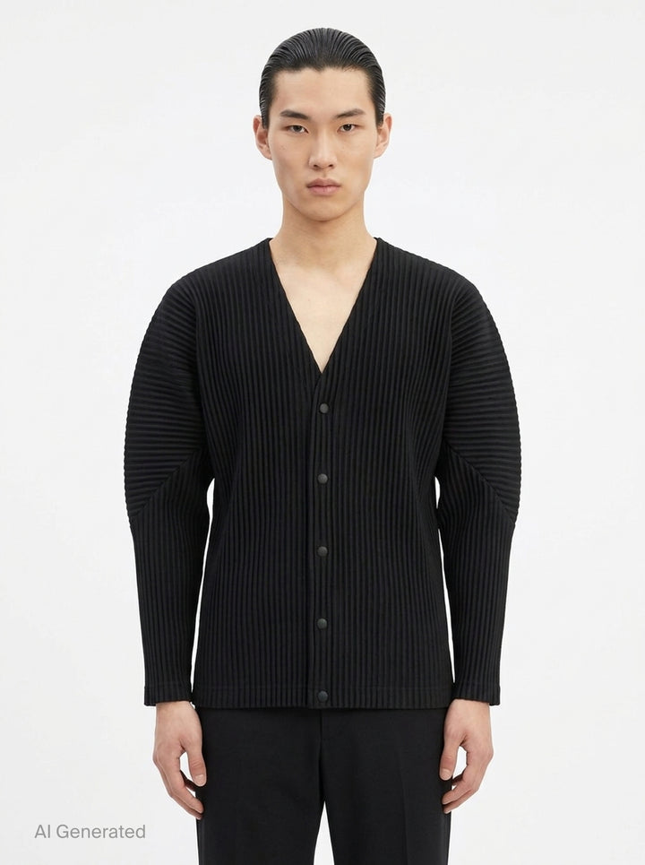 Homme Plissé Issey Miyake Basic Button Cardigan in black, featuring signature permanent accordion pleating across the body and long sleeves, with a deep V-neckline and four snap-button front closure - front