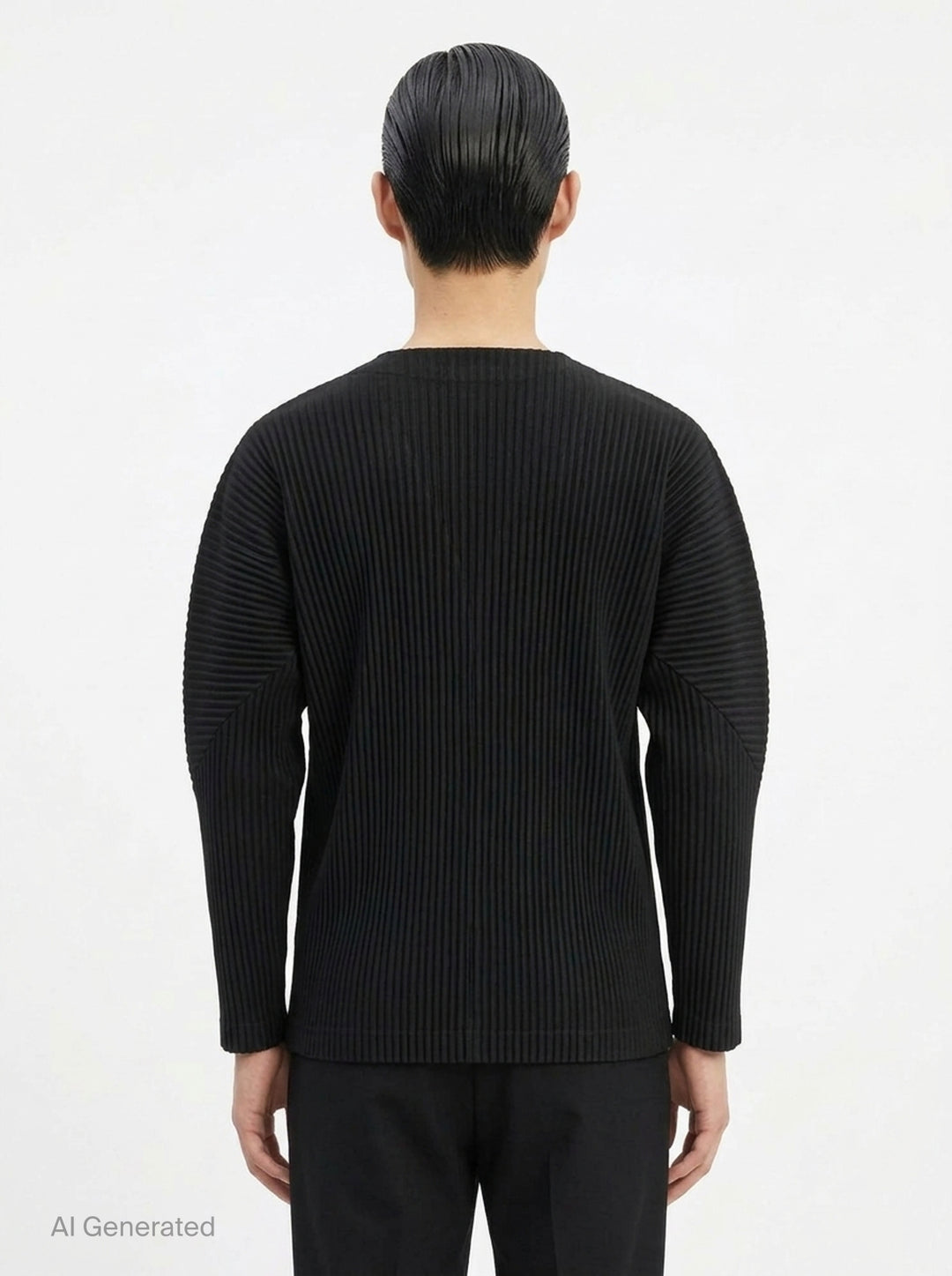 Homme Plissé Issey Miyake Basic Button Cardigan in black, featuring signature permanent accordion pleating across the body and long sleeves, with a deep V-neckline and four snap-button front closure - back