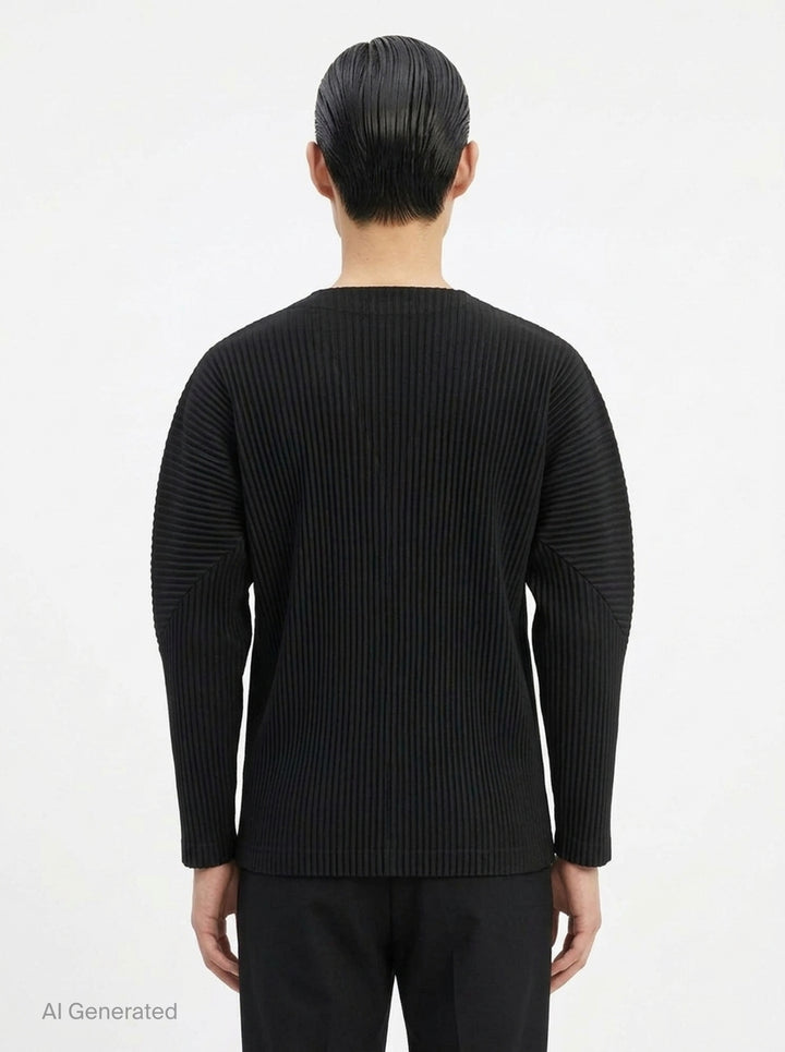 Homme Plissé Issey Miyake Basic Button Cardigan in black, featuring signature permanent accordion pleating across the body and long sleeves, with a deep V-neckline and four snap-button front closure - back