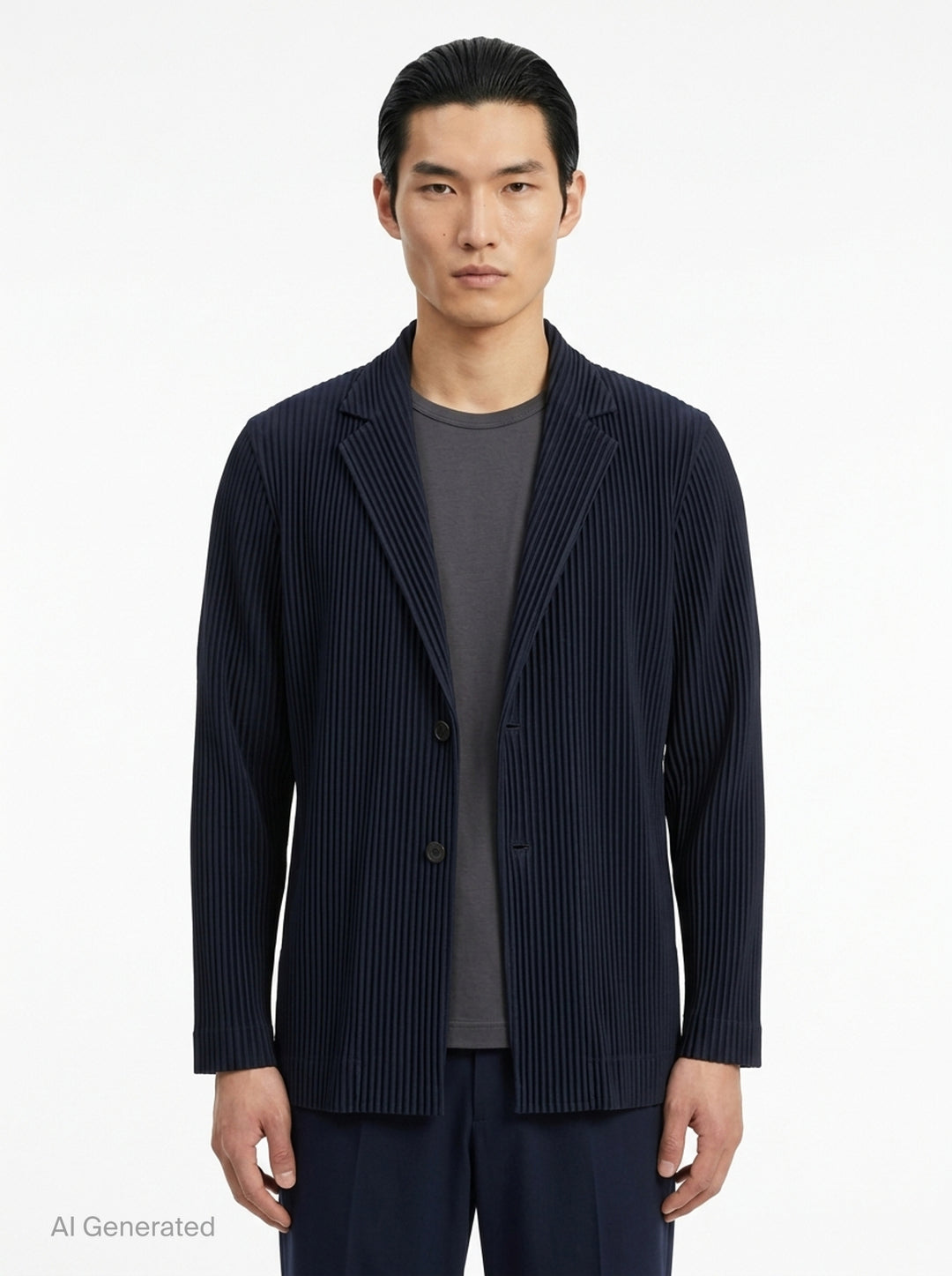 Homme Plissé Issey Miyake Basic Two Button Jacket in black with signature all-over vertical pleating and notched lapel, front view - front