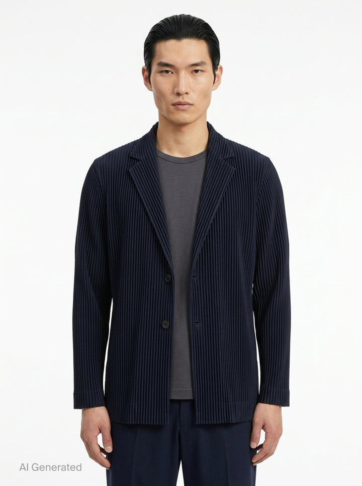 Homme Plissé Issey Miyake Basic Two Button Jacket in black with signature all-over vertical pleating and notched lapel, front view - front