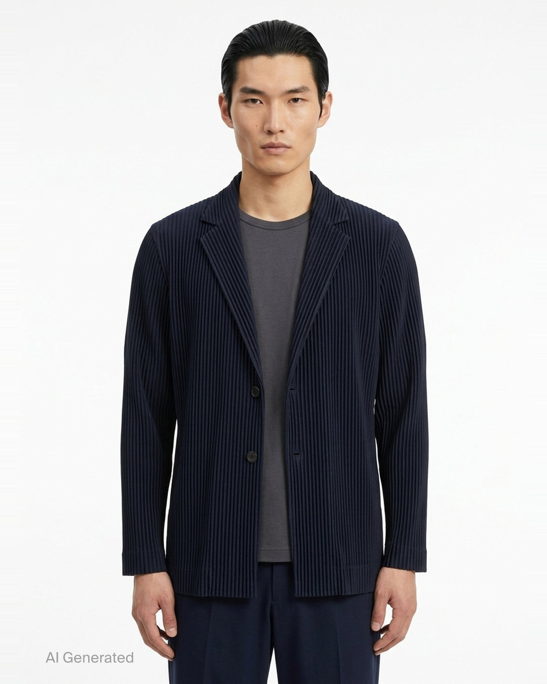 Homme Plissé Issey Miyake Basic Two Button Jacket in black with signature all-over vertical pleating and notched lapel, front view - front