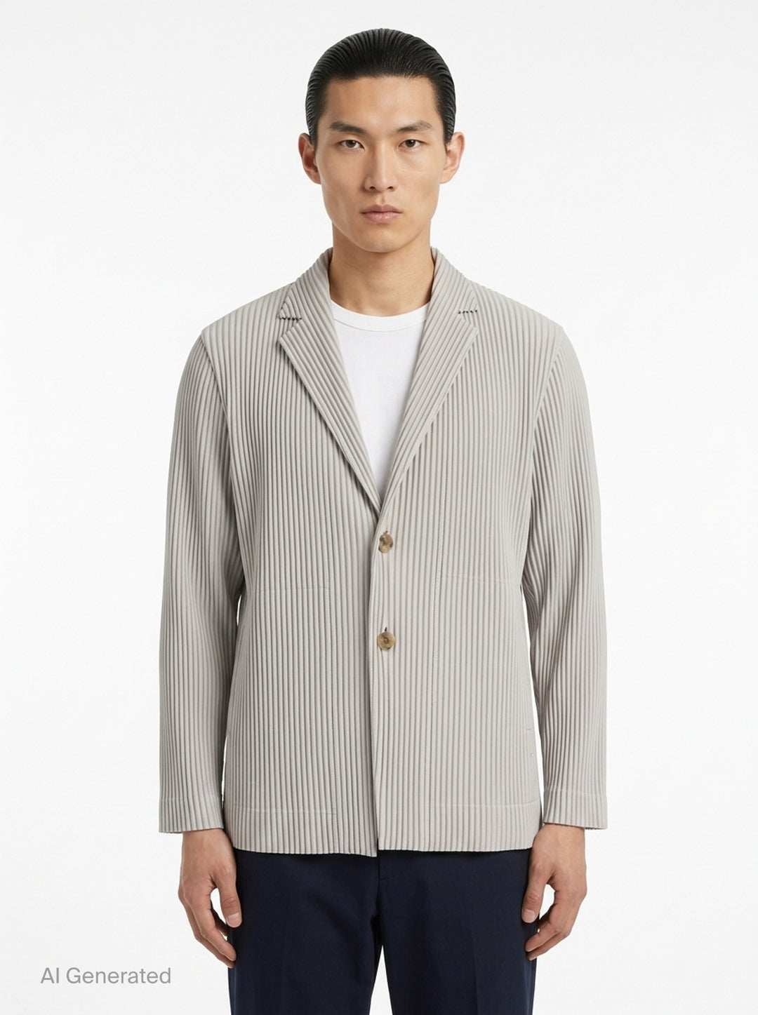 Homme Plissé Issey Miyake Basic Two Button Jacket in black with signature all-over vertical pleating and notched lapel, front view - front