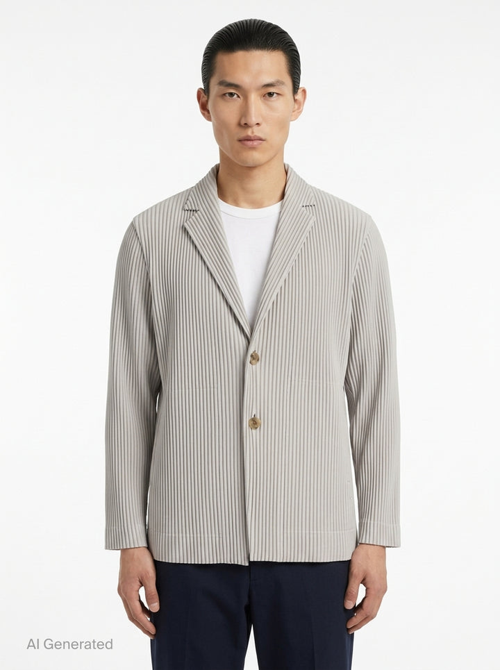 Homme Plissé Issey Miyake Basic Two Button Jacket in black with signature all-over vertical pleating and notched lapel, front view - front