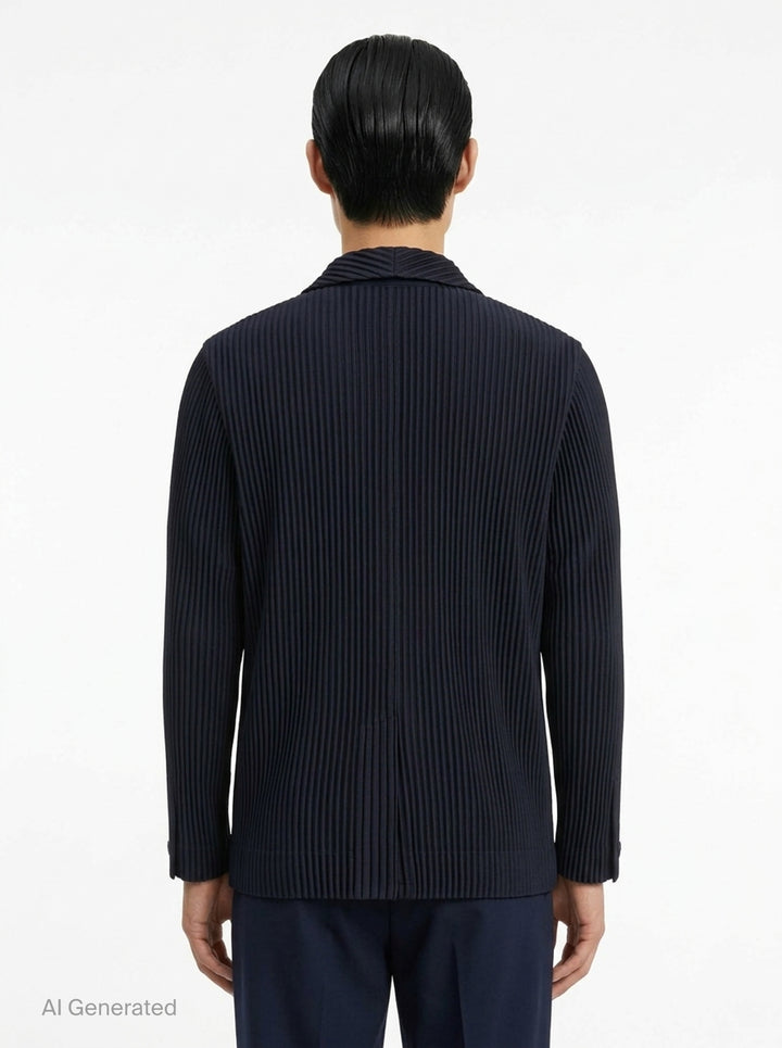 Homme Plissé Issey Miyake Basic Two Button Jacket in black with signature all-over vertical pleating and notched lapel, front view - back