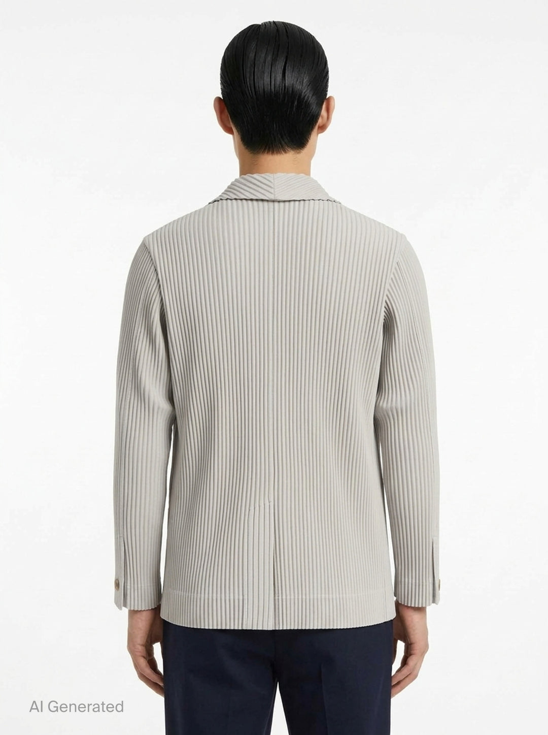 Homme Plissé Issey Miyake Basic Two Button Jacket in black with signature all-over vertical pleating and notched lapel, front view - back