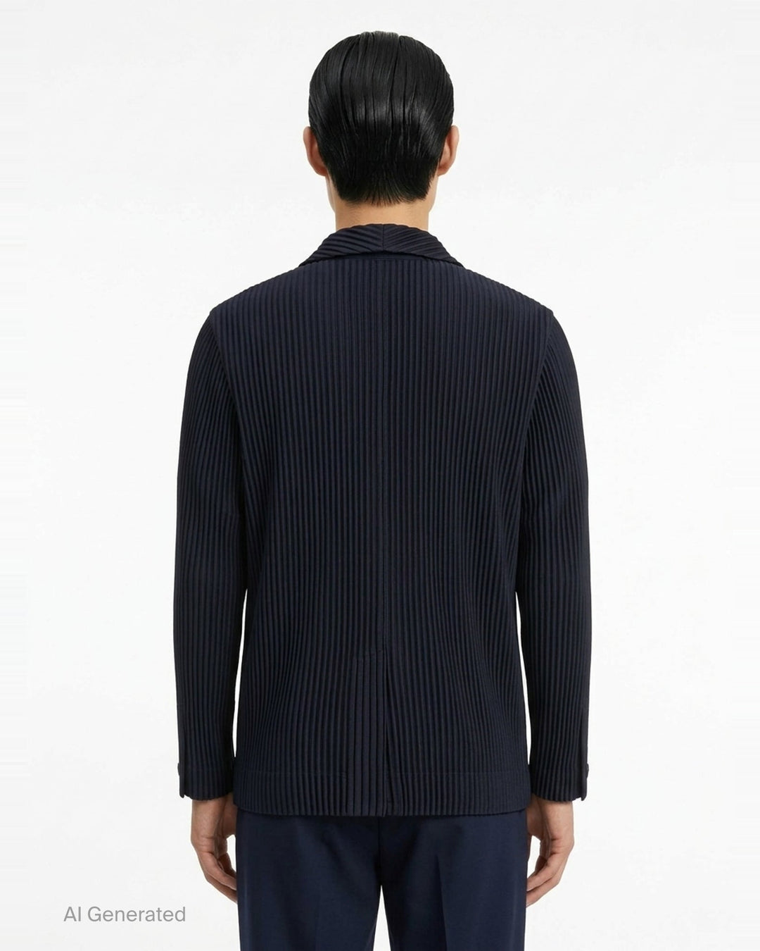 Homme Plissé Issey Miyake Basic Two Button Jacket in black with signature all-over vertical pleating and notched lapel, front view - back