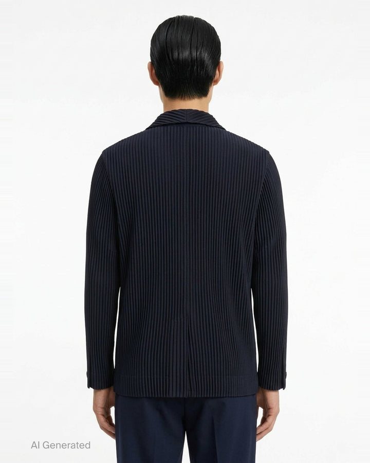 Homme Plissé Issey Miyake Basic Two Button Jacket in black with signature all-over vertical pleating and notched lapel, front view - back
