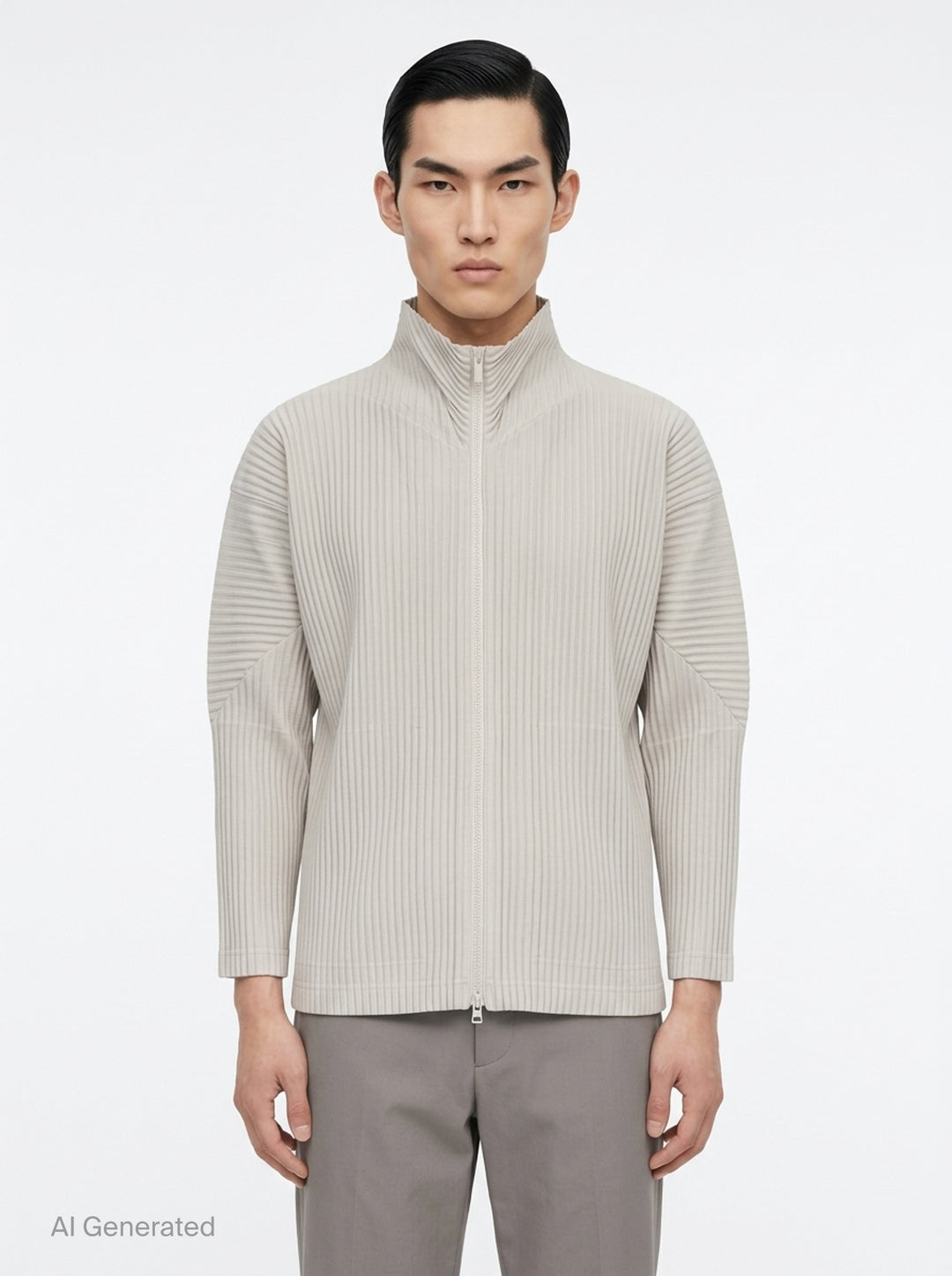 Homme Plissé Issey Miyake Basics Zip-Up Cardigan in light grey with all-over steam pleating, funnel neck, and full-length tonal zip, displayed flat on white background - front