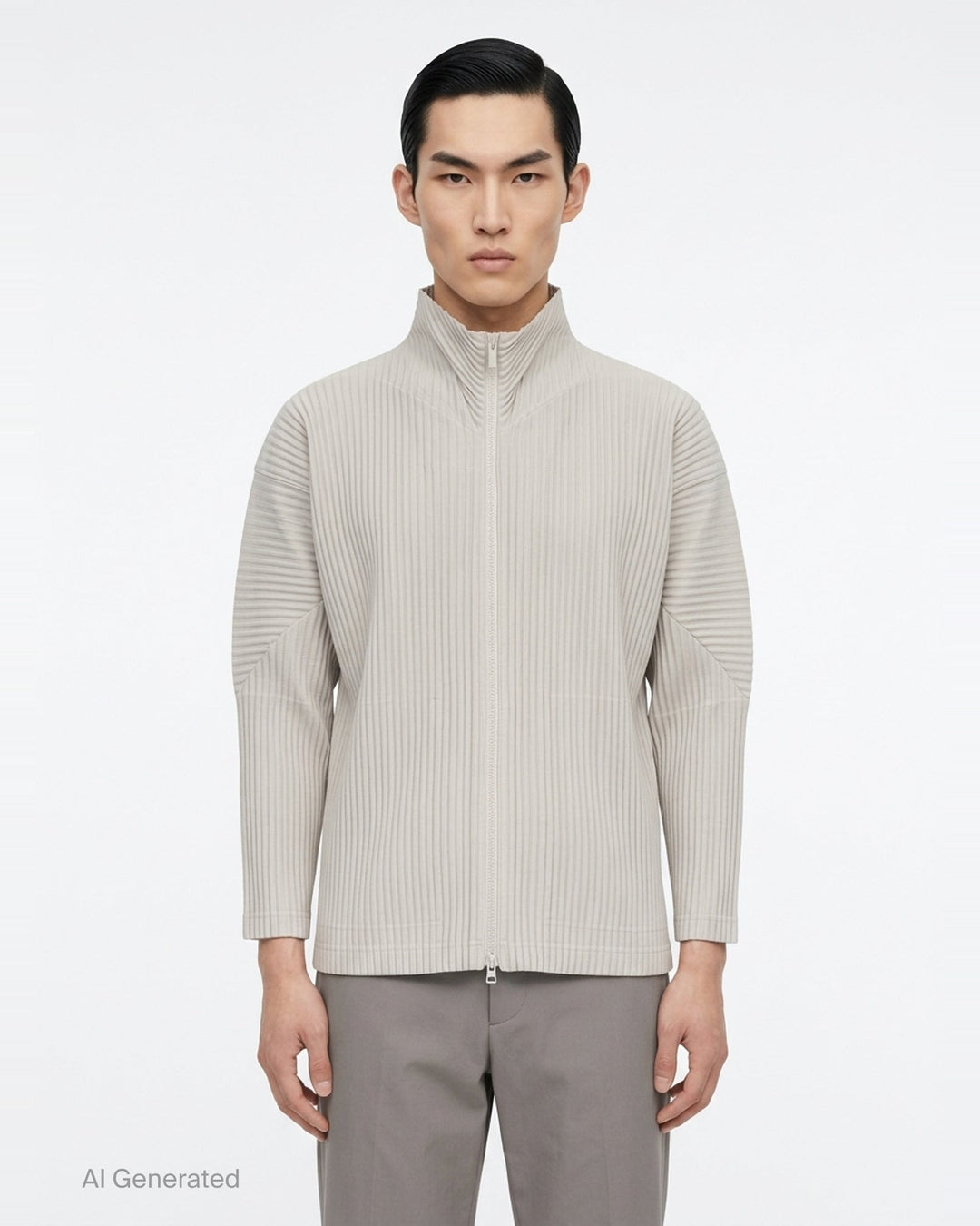 Homme Plissé Issey Miyake Basics Zip-Up Cardigan in light grey with all-over steam pleating, funnel neck, and full-length tonal zip, displayed flat on white background - front