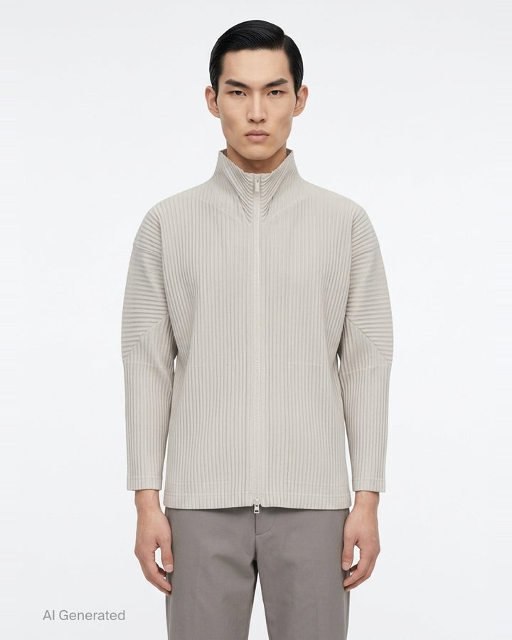 Homme Plissé Issey Miyake Basics Zip-Up Cardigan in light grey with all-over steam pleating, funnel neck, and full-length tonal zip, displayed flat on white background - front