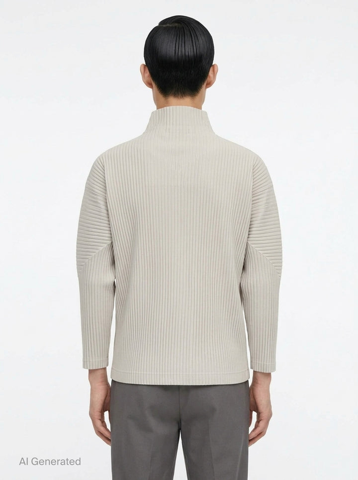 Homme Plissé Issey Miyake Basics Zip-Up Cardigan in light grey with all-over steam pleating, funnel neck, and full-length tonal zip, displayed flat on white background - back