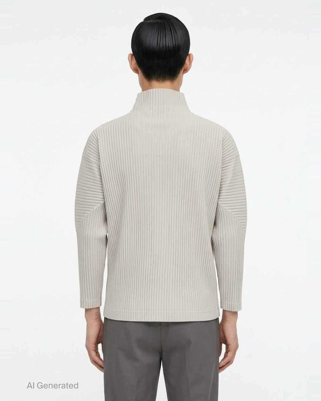 Homme Plissé Issey Miyake Basics Zip-Up Cardigan in light grey with all-over steam pleating, funnel neck, and full-length tonal zip, displayed flat on white background - back