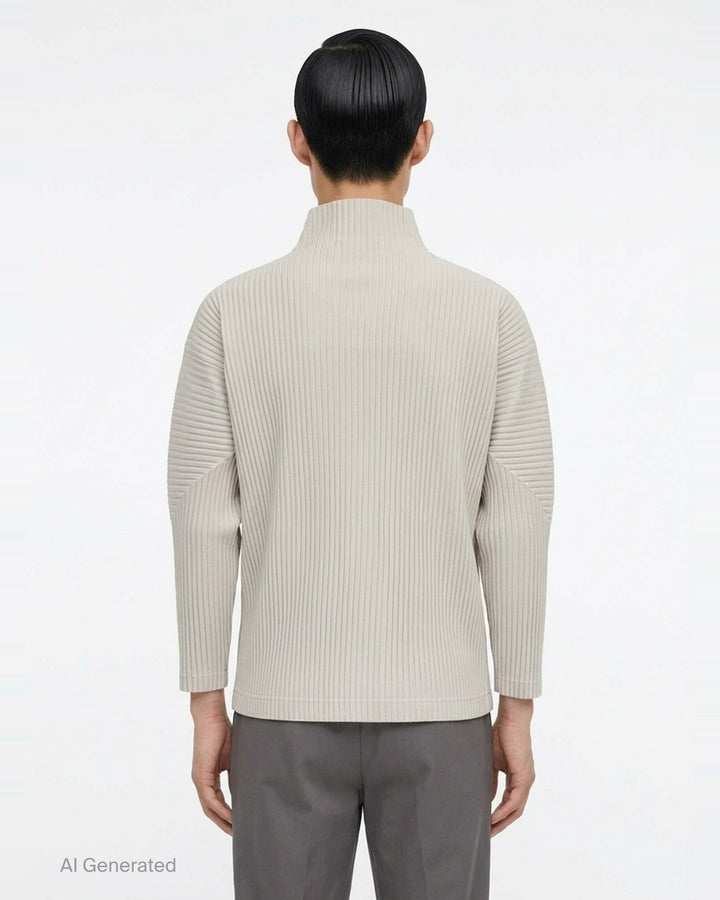 Homme Plissé Issey Miyake Basics Zip-Up Cardigan in light grey with all-over steam pleating, funnel neck, and full-length tonal zip, displayed flat on white background - back