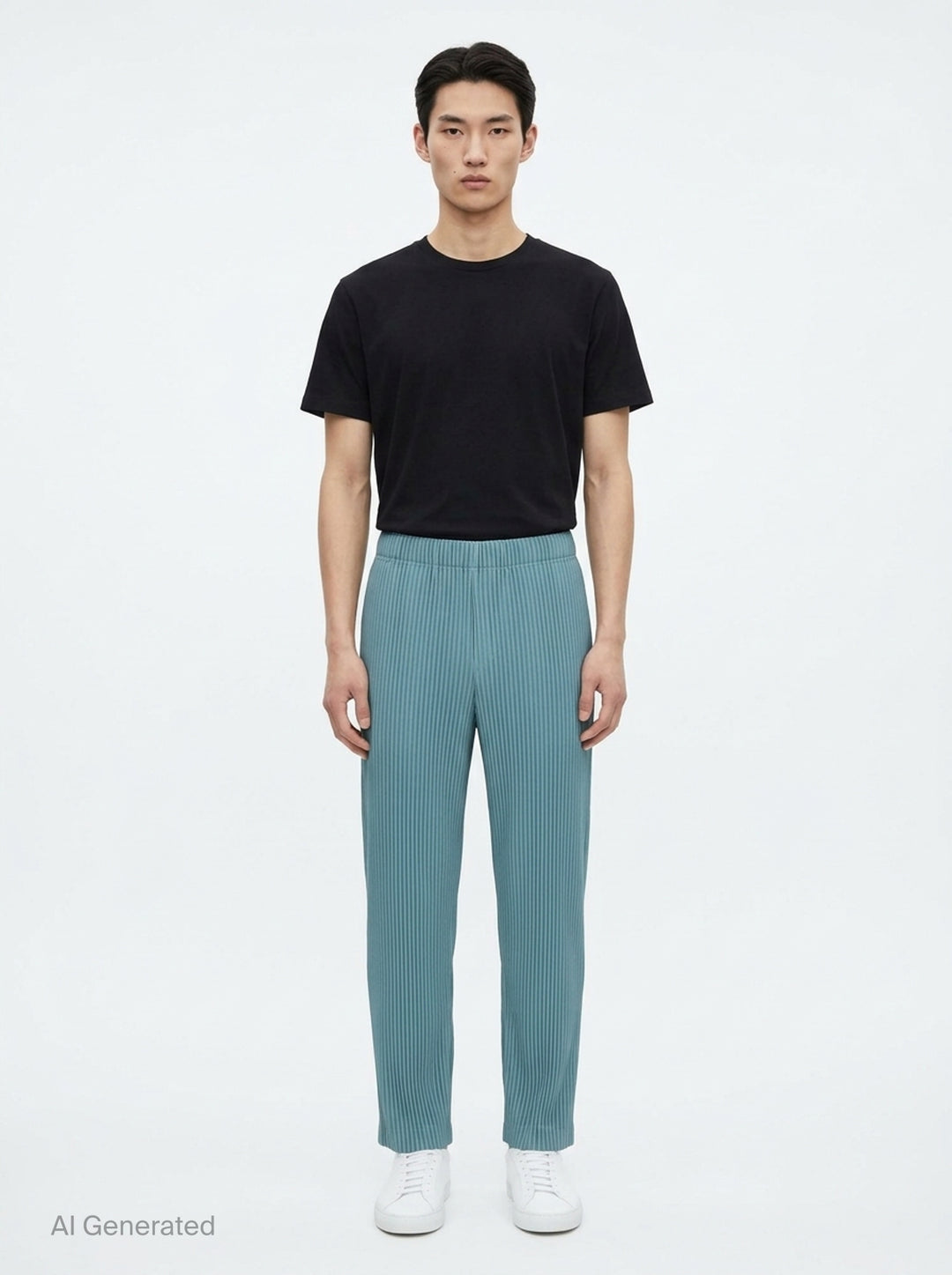 Homme Plissé Issey Miyake Color Pleats 2 pleated pants in teal with signature vertical steam pleats and elastic waistband, straight-leg silhouette, front view - front
