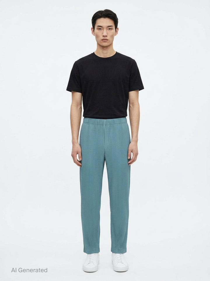 Homme Plissé Issey Miyake Color Pleats 2 pleated pants in teal with signature vertical steam pleats and elastic waistband, straight-leg silhouette, front view - front