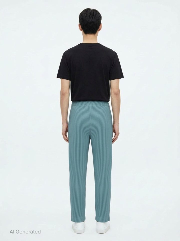 Homme Plissé Issey Miyake Color Pleats 2 pleated pants in teal with signature vertical steam pleats and elastic waistband, straight-leg silhouette, front view - back