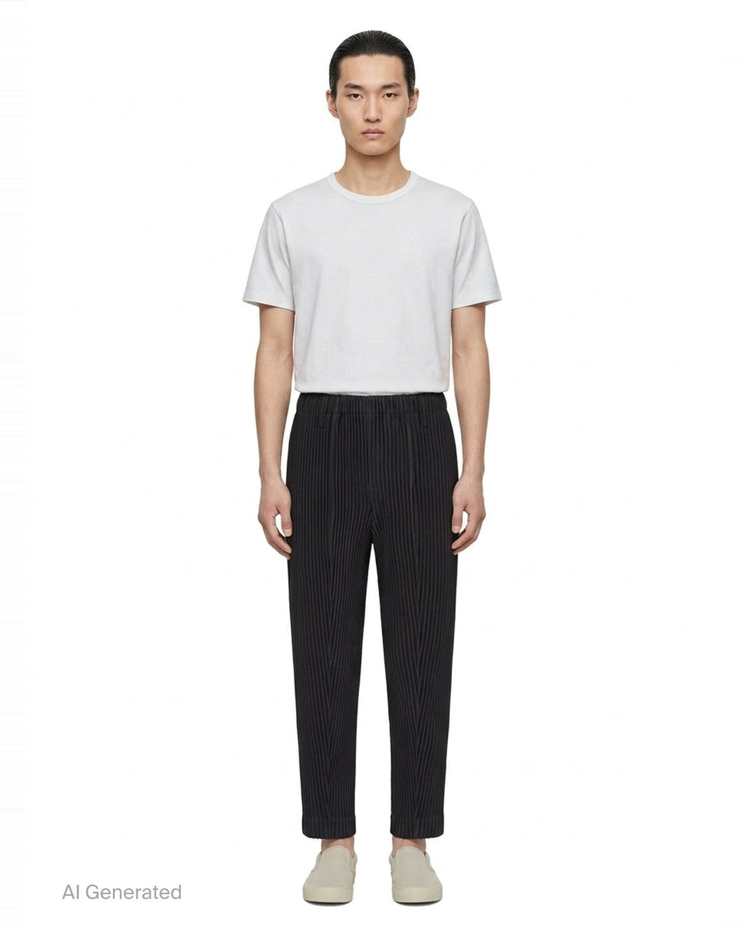 Homme Plissé Issey Miyake Compleat Pleated Trousers in black, shown flat with all-over permanent pleating and elasticated waistband - front