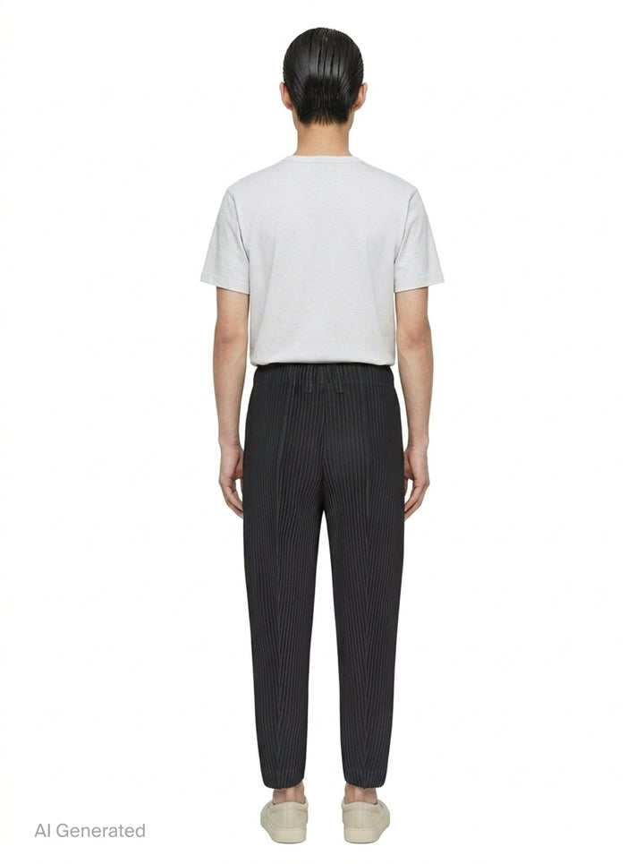 Homme Plissé Issey Miyake Compleat Pleated Trousers in black, shown flat with all-over permanent pleating and elasticated waistband - back