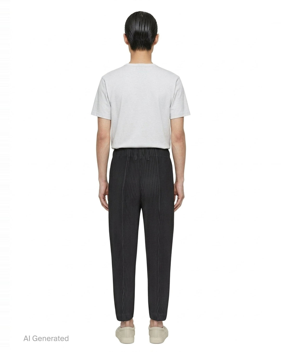 Homme Plissé Issey Miyake Compleat Pleated Trousers in black, shown flat with all-over permanent pleating and elasticated waistband - back