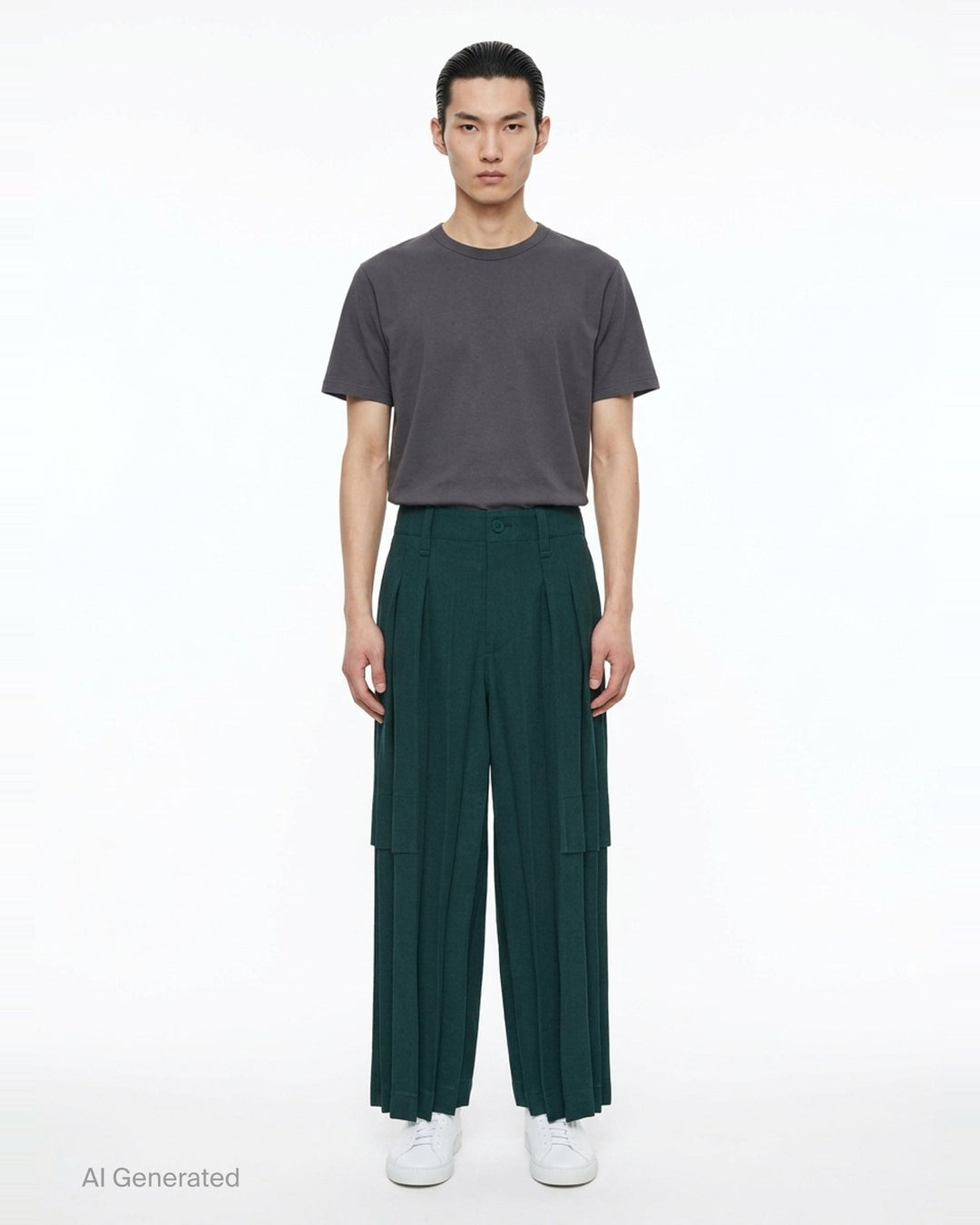 Homme Plissé Issey Miyake Edge Ensemble Pleated Pants in deep teal, featuring wide-leg silhouette with cascading knife pleats and a layered horizontal knee seam, shown flat on white background - front
