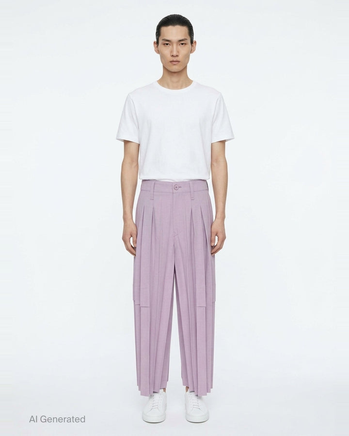Homme Plissé Issey Miyake Edge Ensemble Pleated Pants in forest teal, featuring deep multi-pleat wide-leg silhouette, high waistband with button fastening, and horizontal panel seam on the lower leg - front