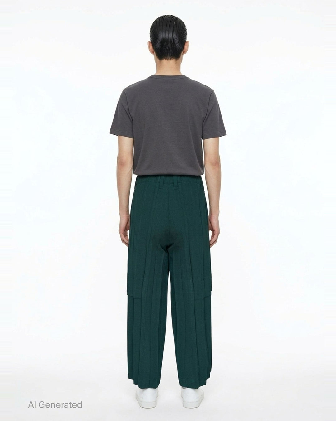 Homme Plissé Issey Miyake Edge Ensemble Pleated Pants in deep teal, featuring wide-leg silhouette with cascading knife pleats and a layered horizontal knee seam, shown flat on white background - back