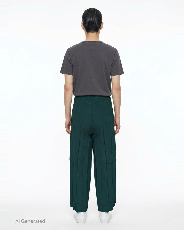 Homme Plissé Issey Miyake Edge Ensemble Pleated Pants in deep teal, featuring wide-leg silhouette with cascading knife pleats and a layered horizontal knee seam, shown flat on white background - back