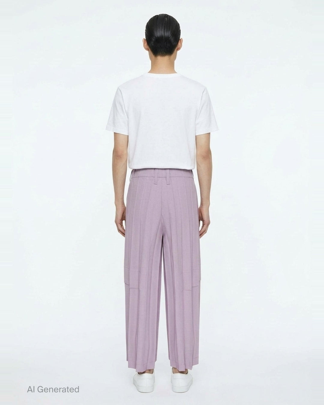 Homme Plissé Issey Miyake Edge Ensemble Pleated Pants in forest teal, featuring deep multi-pleat wide-leg silhouette, high waistband with button fastening, and horizontal panel seam on the lower leg - back