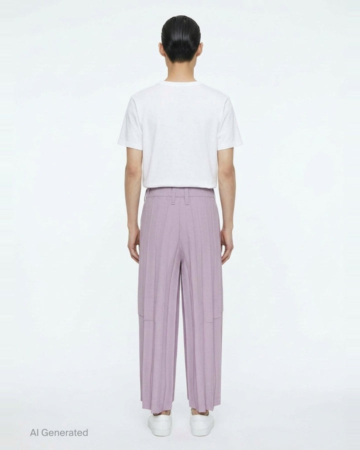 Homme Plissé Issey Miyake Edge Ensemble Pleated Pants in forest teal, featuring deep multi-pleat wide-leg silhouette, high waistband with button fastening, and horizontal panel seam on the lower leg - back