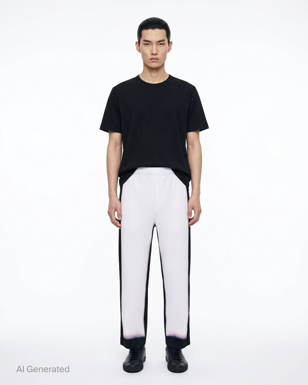 Homme Plissé Issey Miyake Framework : Chusen black pleated pants with a white gradient hem and elasticated waistband, front view - front