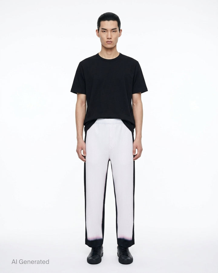 Homme Plissé Issey Miyake Framework : Chusen black pleated pants with a white gradient hem and elasticated waistband, front view - front