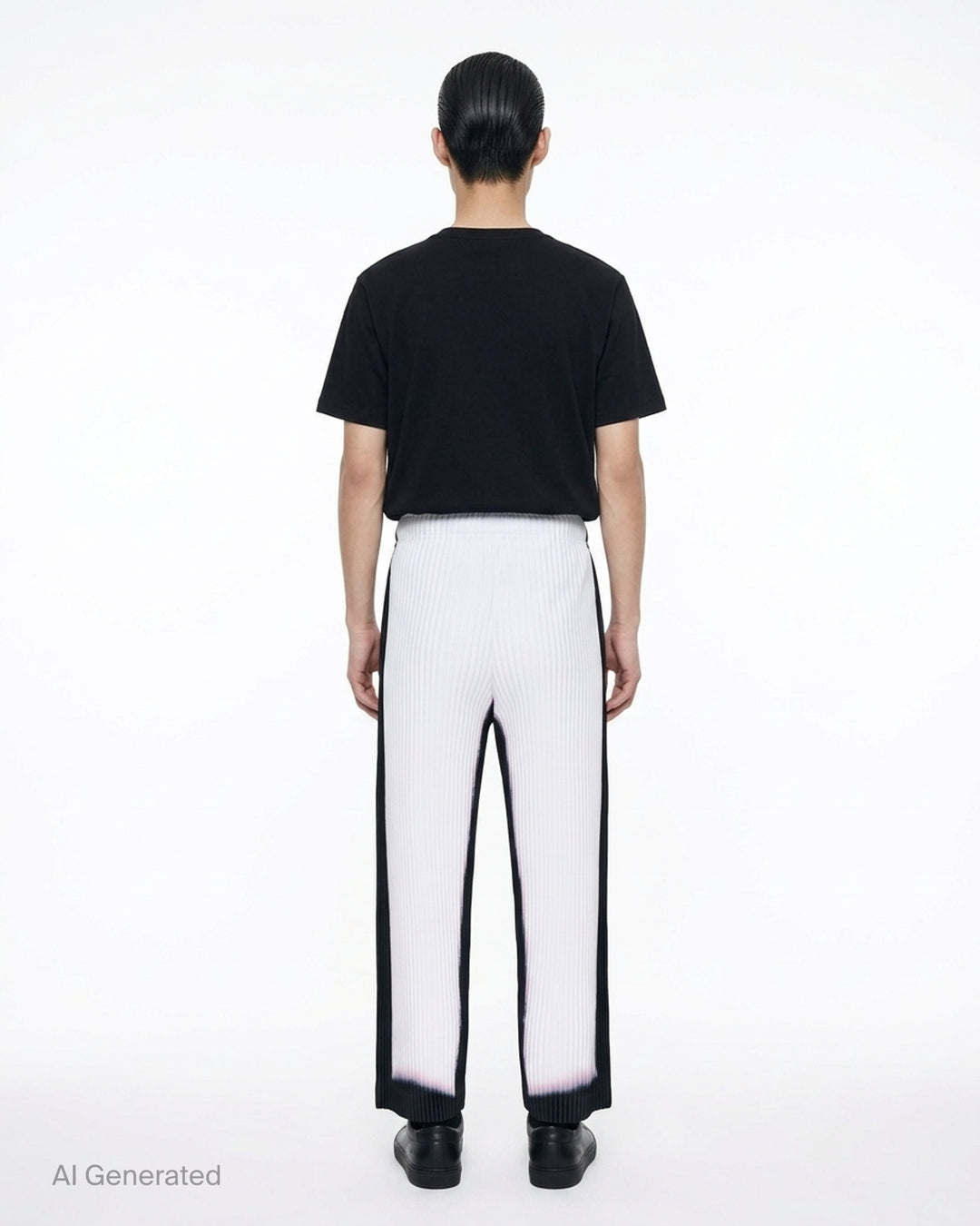 Homme Plissé Issey Miyake Framework : Chusen black pleated pants with a white gradient hem and elasticated waistband, front view - back